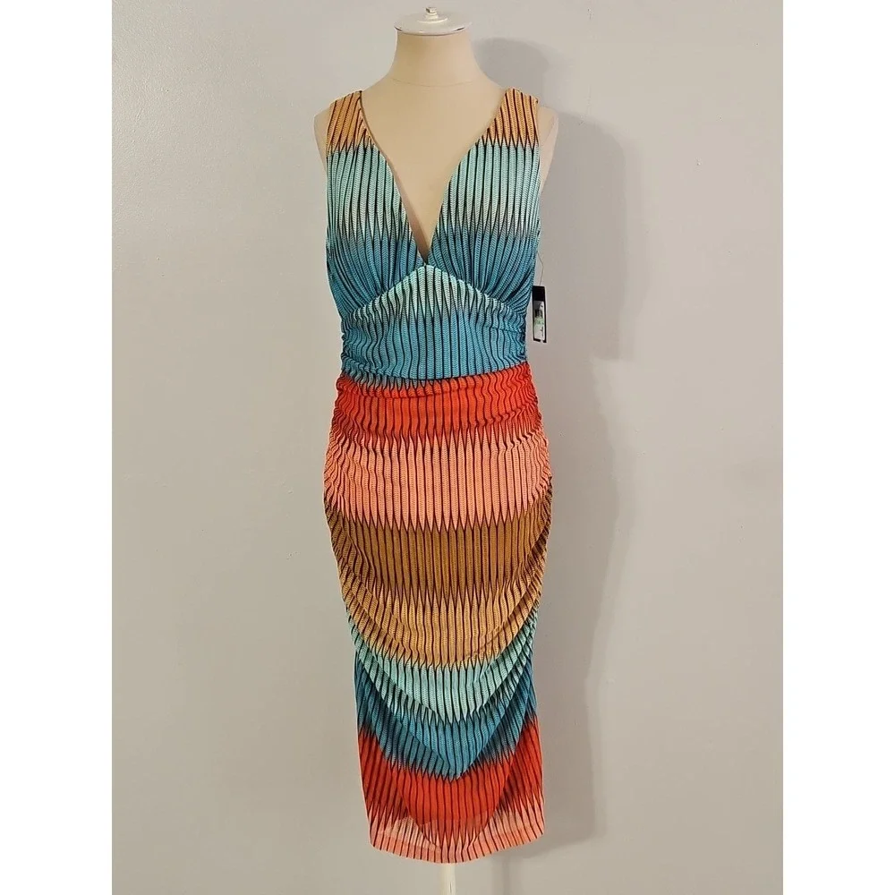 Guess Women's Size 8 Striped Open-Stitch V-Neck Sleeveless Bodycon Midi Dress - Picture 4 of 12